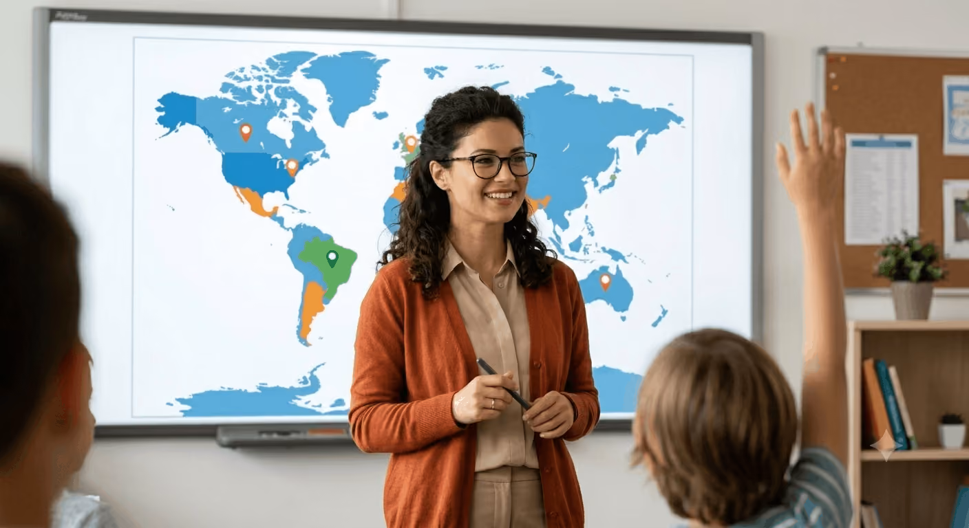 a teacher smiles at her class, teaching geography