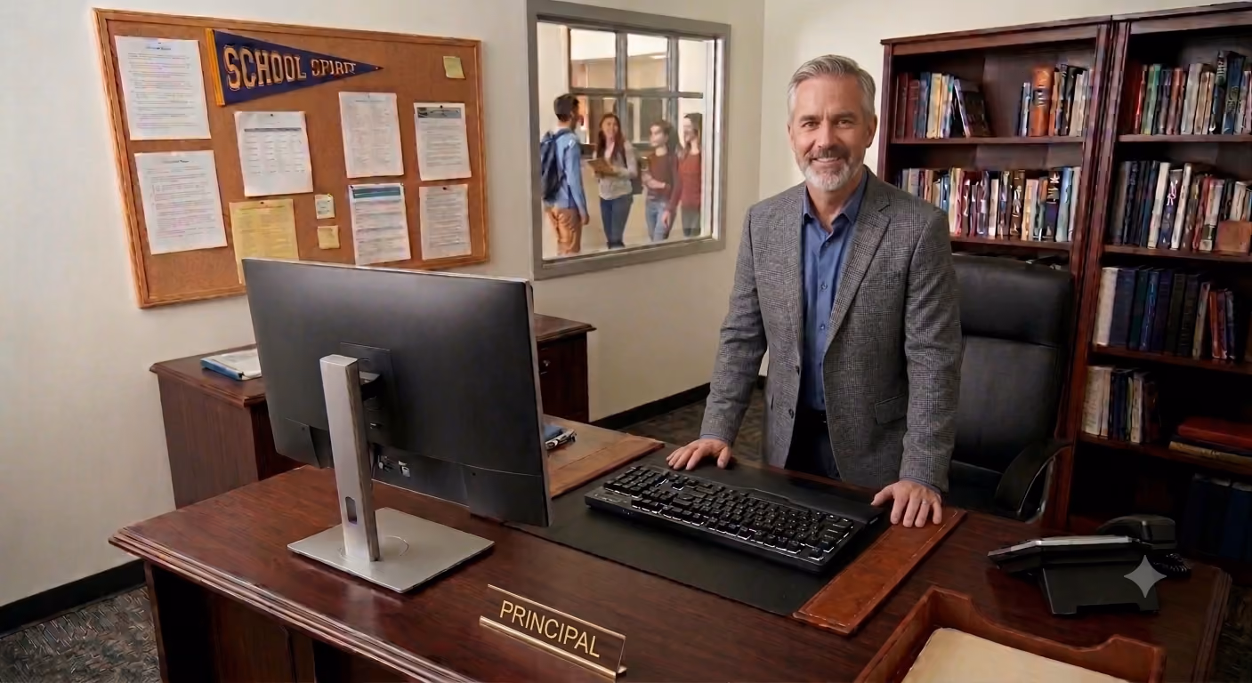 a principal smiles in his office