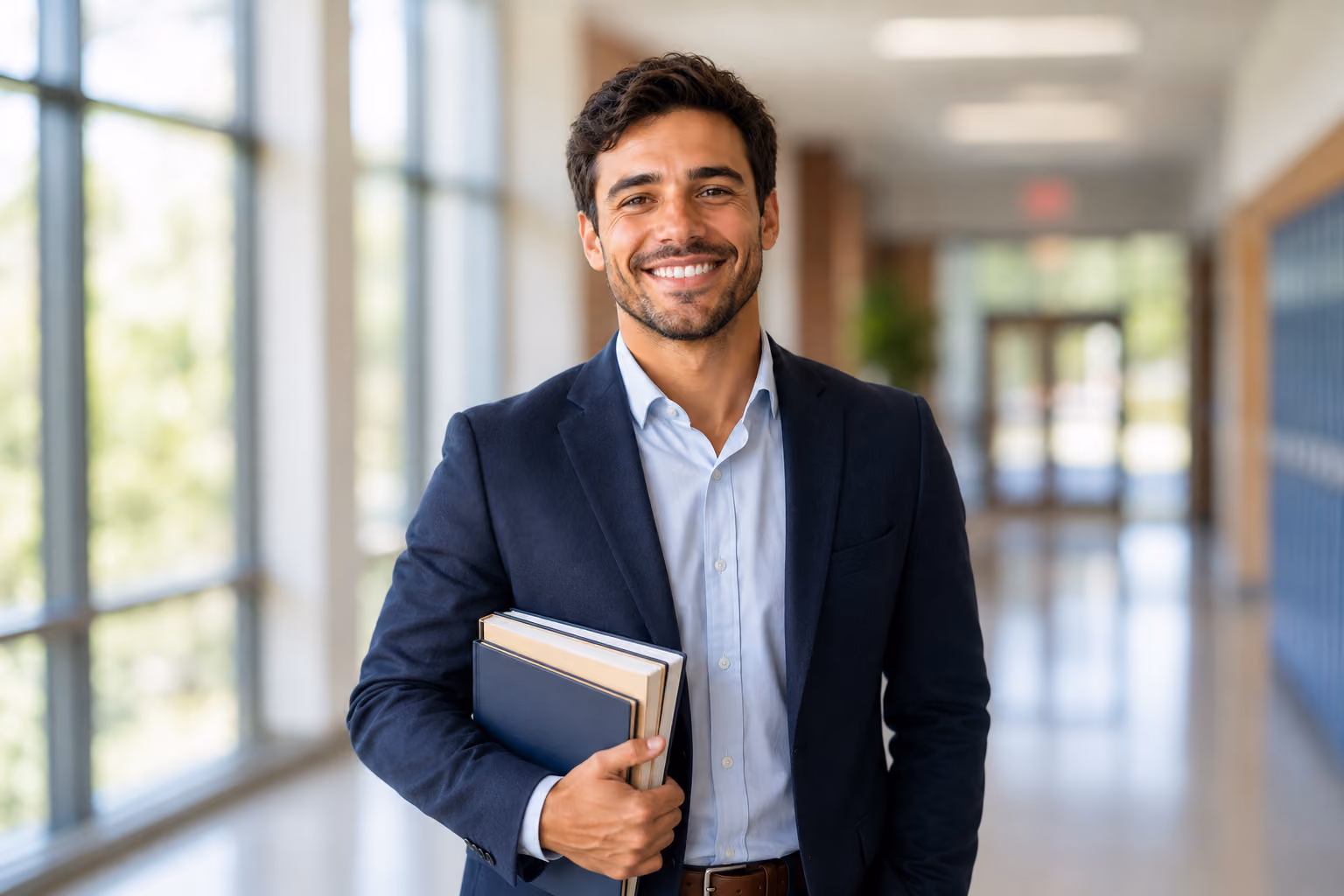 a teacher smiles in a school hallway