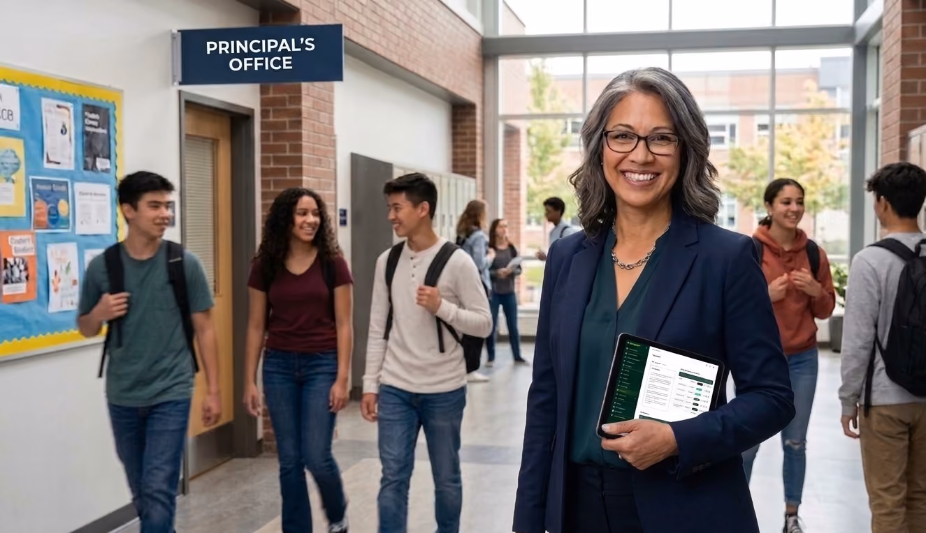 a principal stands in the hallways of a school with a tablet 