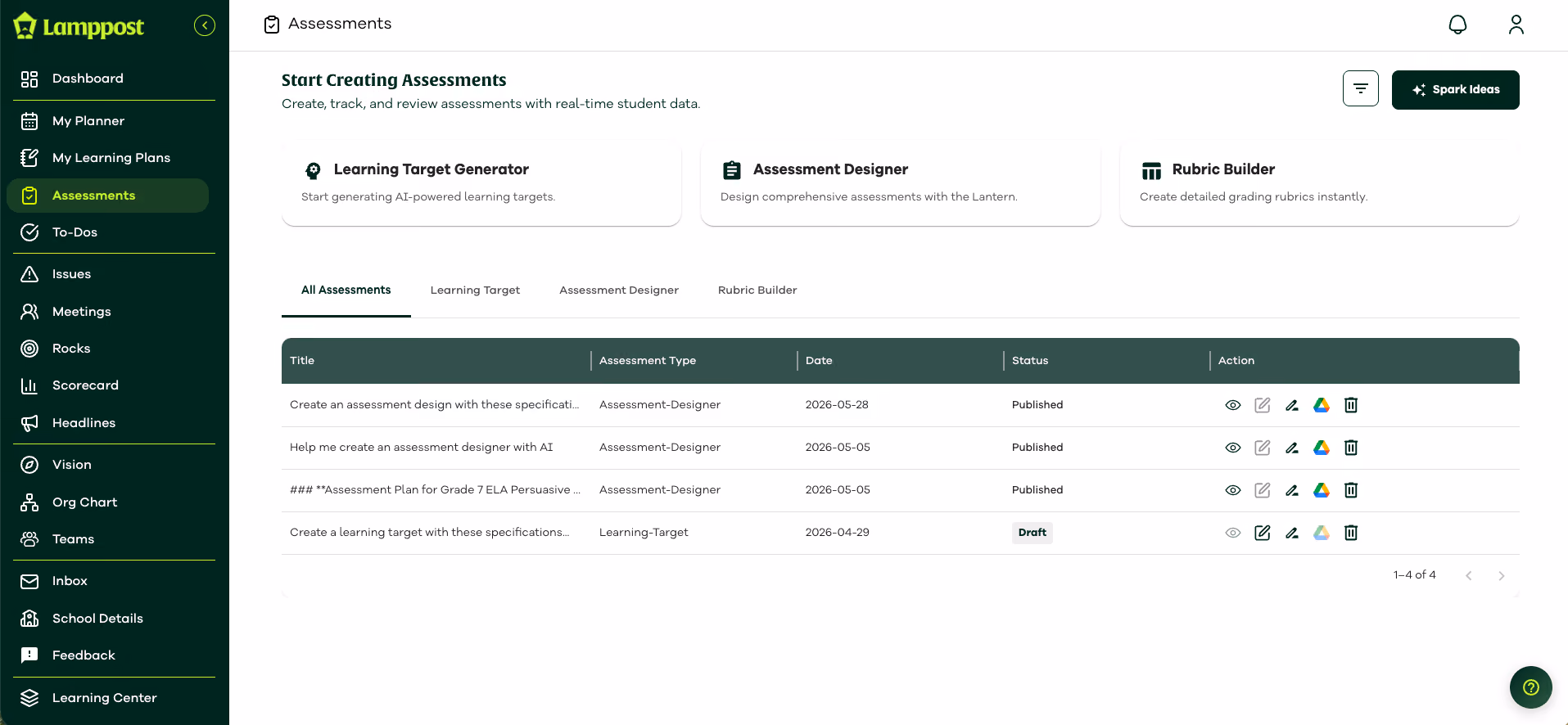 a screenshot of the lamppost app - showing the assessments screen