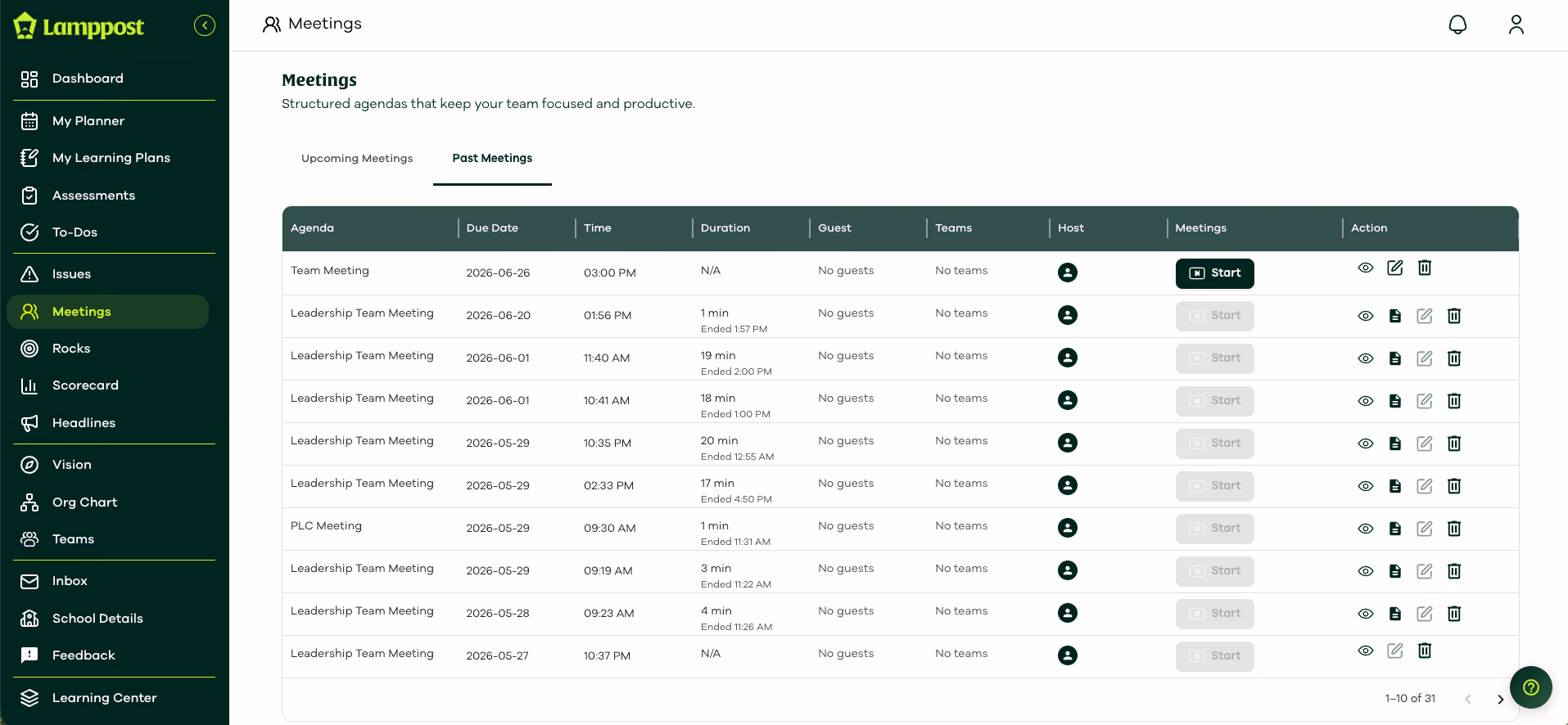 a screenshot of  the lamppost app - meetings screen