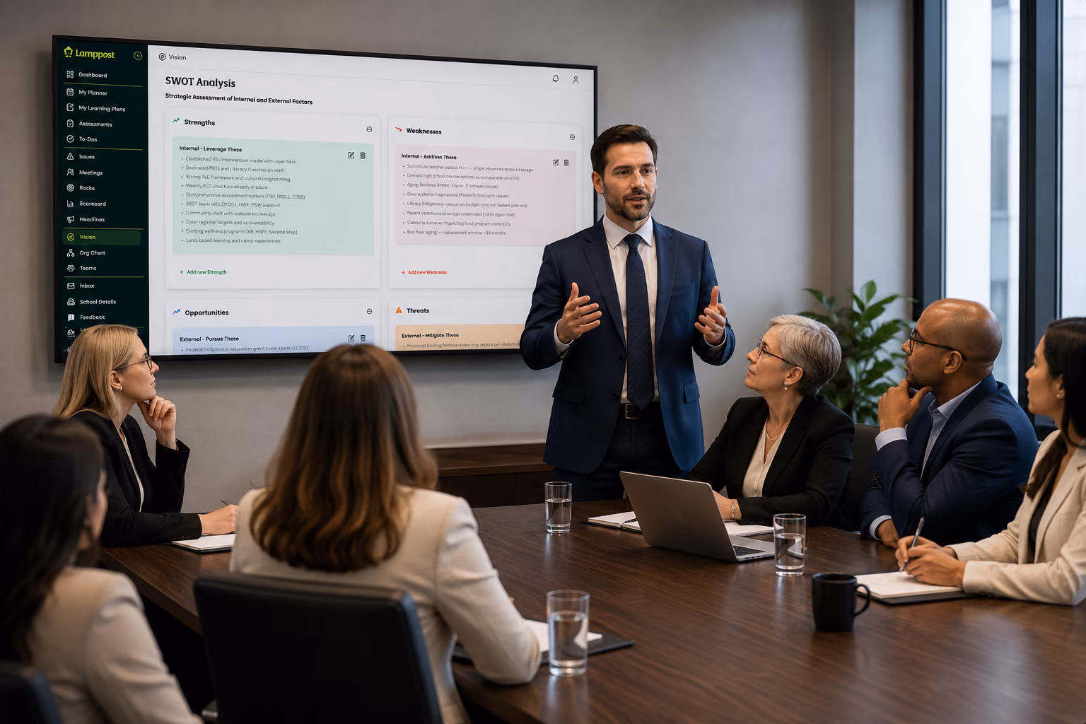 a superintendent gives a speech to a board room showing the lamppost app on a screen