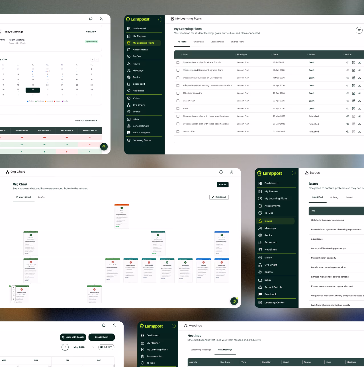 A collage of Lamppost app screens showing learning plans, an org chart, meetings and issues.