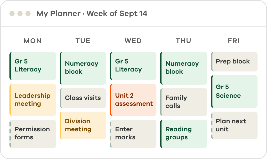 Lamppost Planner showing a teacher's week of lessons, assessments, meetings and to-dos from Monday to Friday