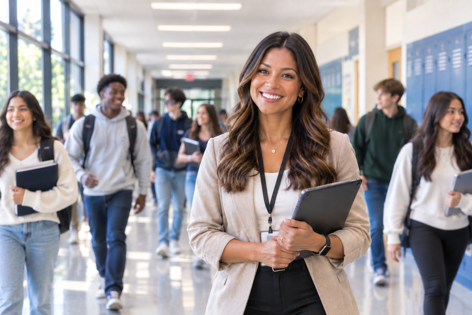 A Canadian K-12 educator holding a tablet in a school hallway with students