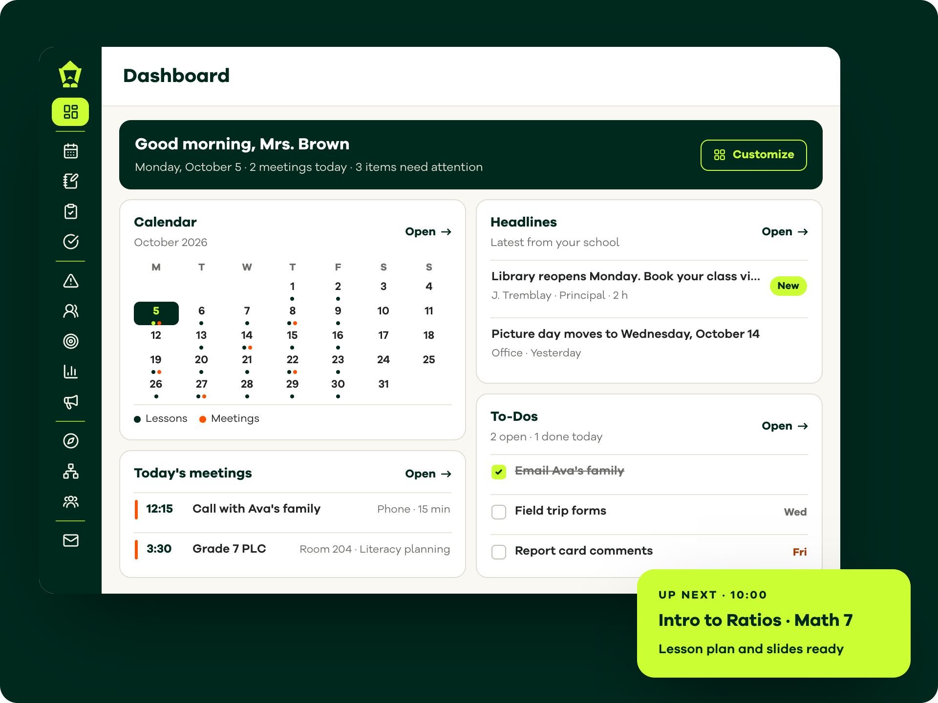 A teacher's customizable Lamppost Dashboard with a month calendar, today's meetings, school headlines and to-dos, and the next lesson ready to teach