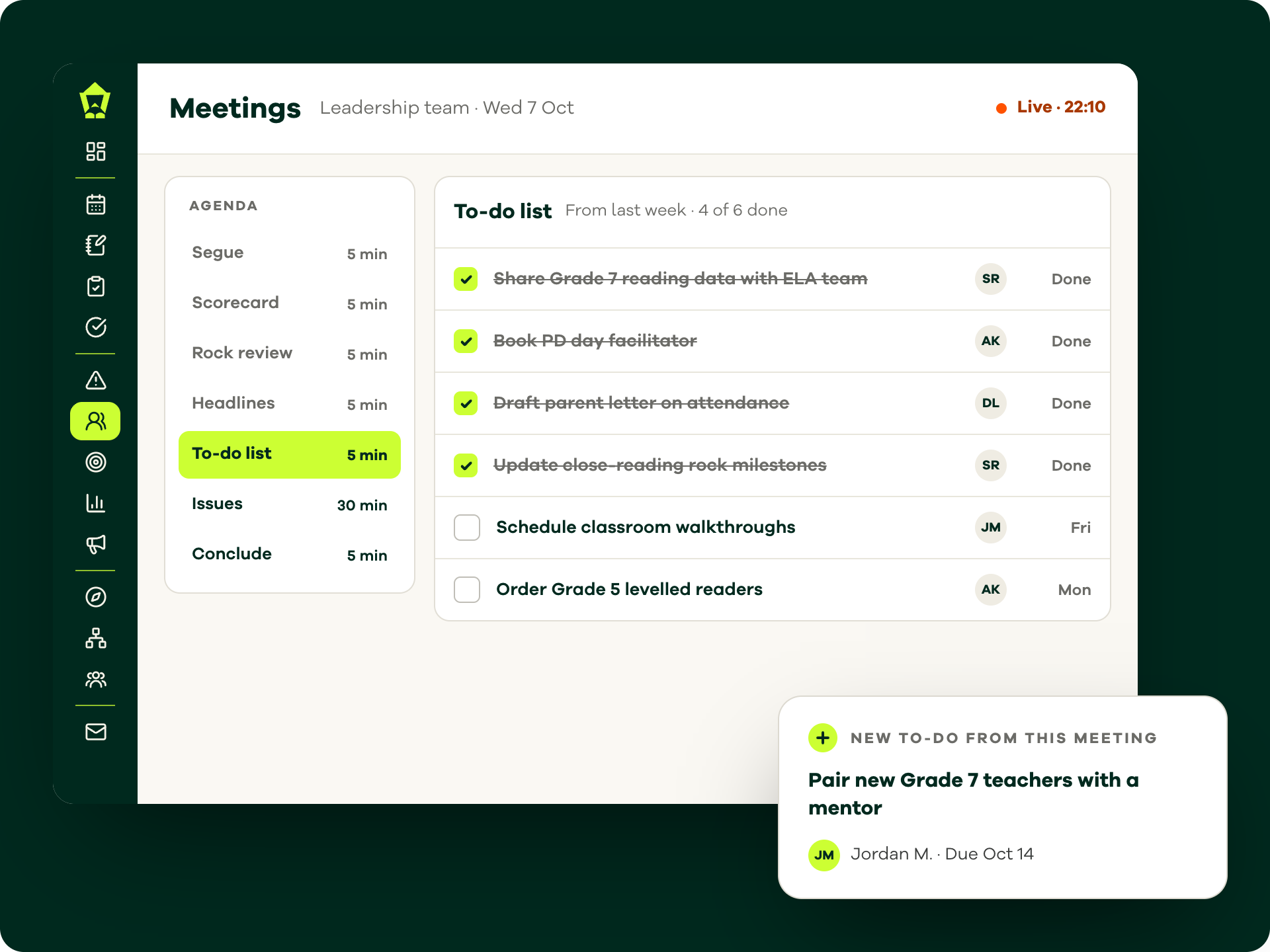 A Lamppost leadership meeting agenda on the to-do list step, with last week's to-dos and a new to-do