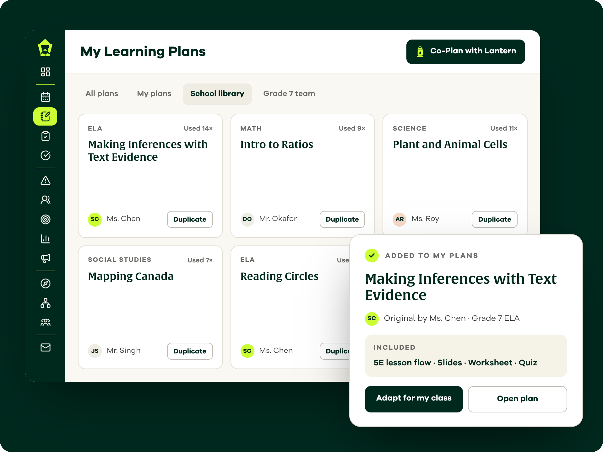 The Lamppost school lesson library, with a colleague's plan added to a teacher's own plans