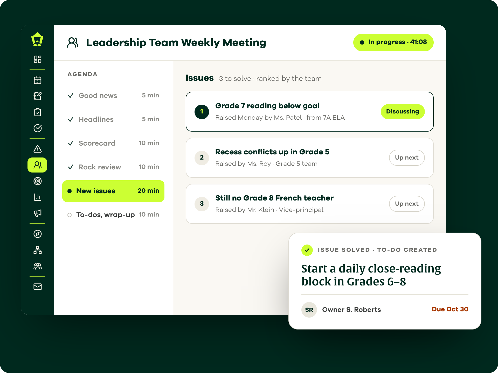 A Lamppost leadership team meeting in progress, working through ranked Issues and turning one into a to-do with an owner and due date