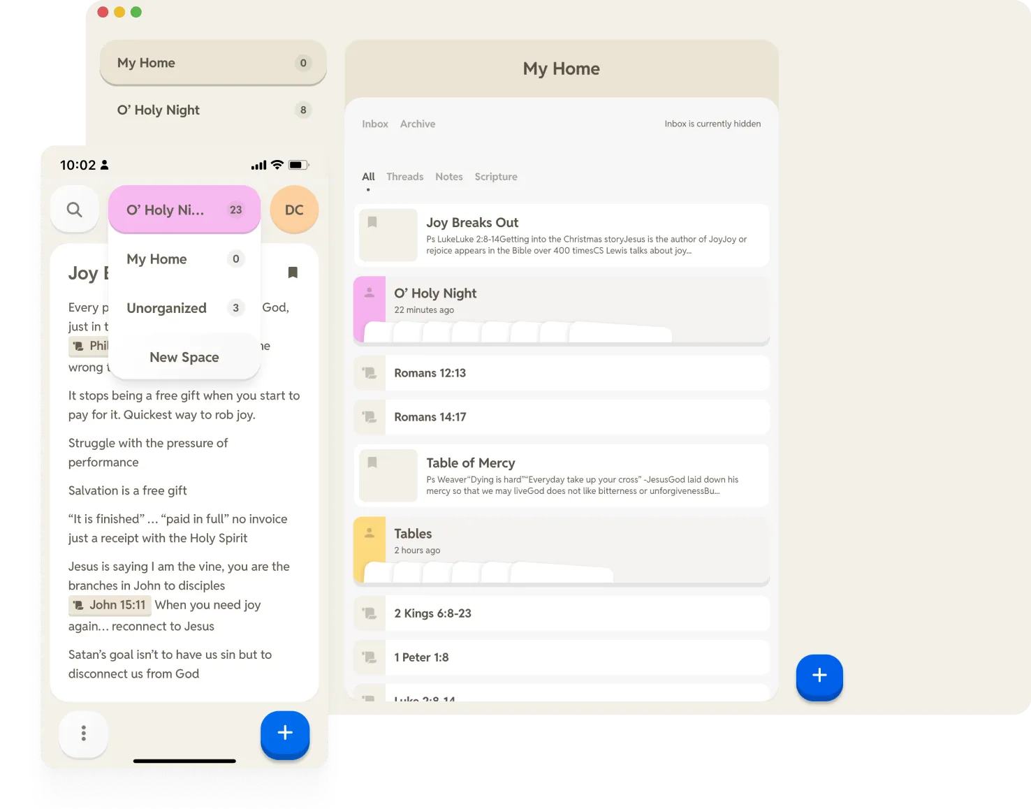 A Bible notes app interface with notes and threads to organize notes in that is cozy and colorful
