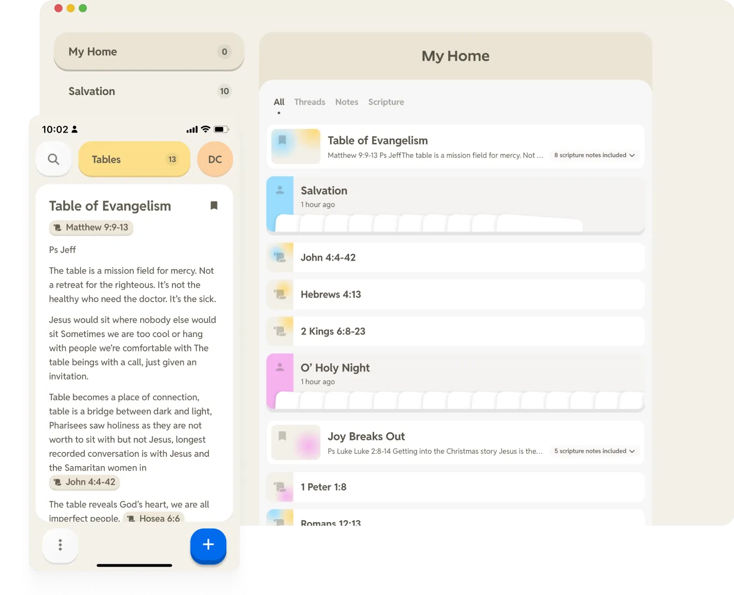 Harvous Bible notes app interface showing organized scripture notes in colorful threads with cross-referencing features"
