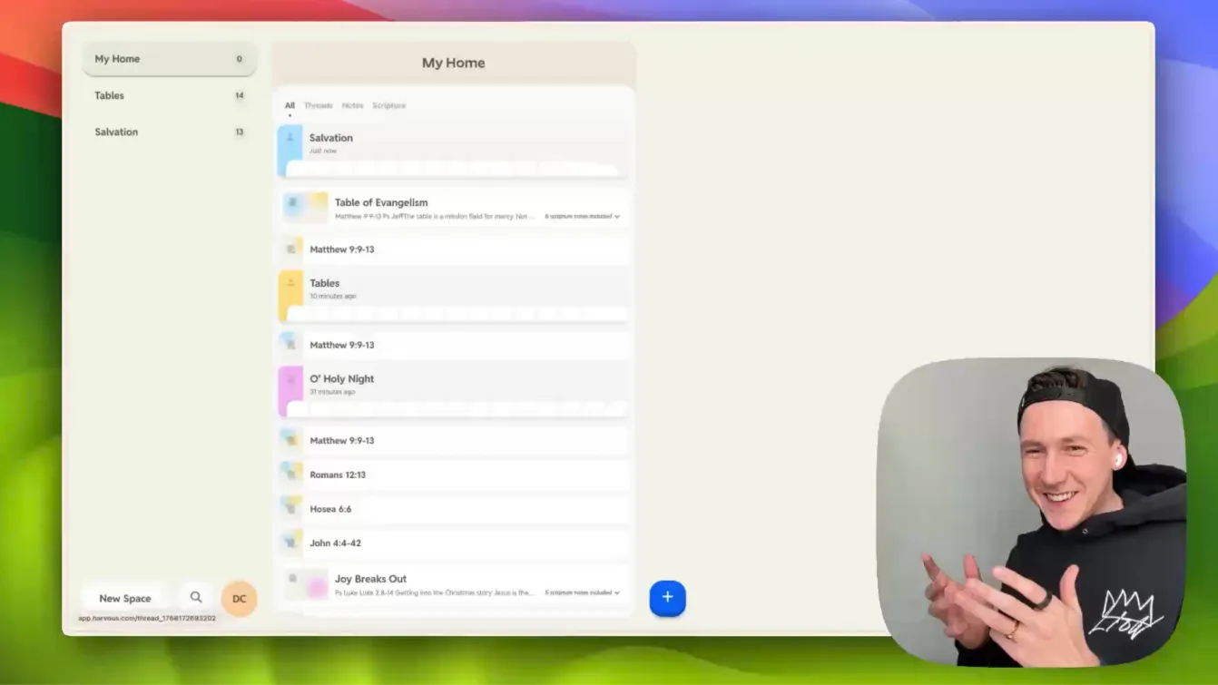 Screenshot of video about the tour of the Harvous Bible notes app