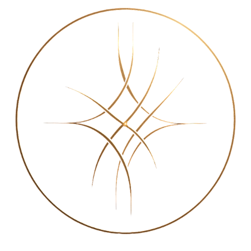 Gold circular emblem with intersecting curved lines forming a symmetrical star-like pattern.