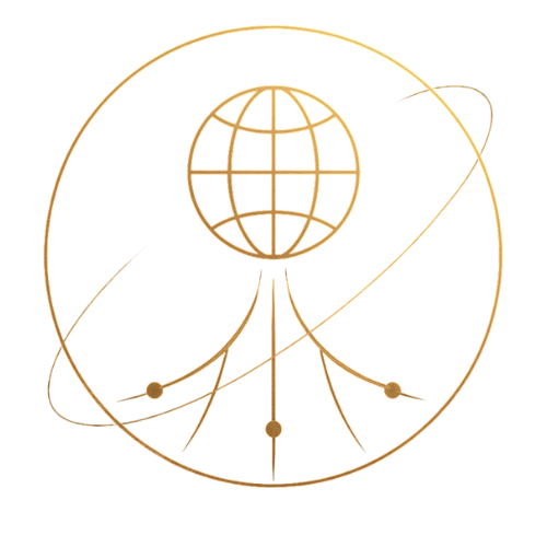 Golden globe with latitude and longitude lines connected by orbiting lines to three points inside a circular frame.