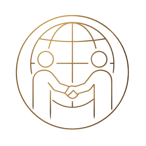 Icon of two people shaking hands inside a globe outline, symbolizing global partnership.