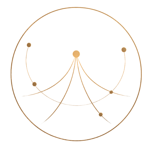 Golden circular abstract network design with central dot connected to smaller dots by curved lines.