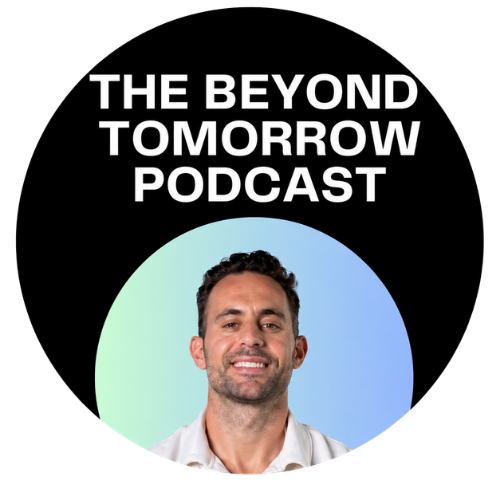 The Beyond Tomorrow Podcast logo with a smiling man against a blue-green gradient circle background.