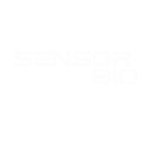 Sensor Bio brand logo with stylized white text on black background.