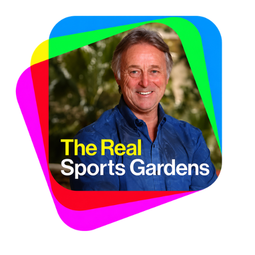 Smiling man in blue shirt with text The Real Sports Gardens over colorful layered square background.