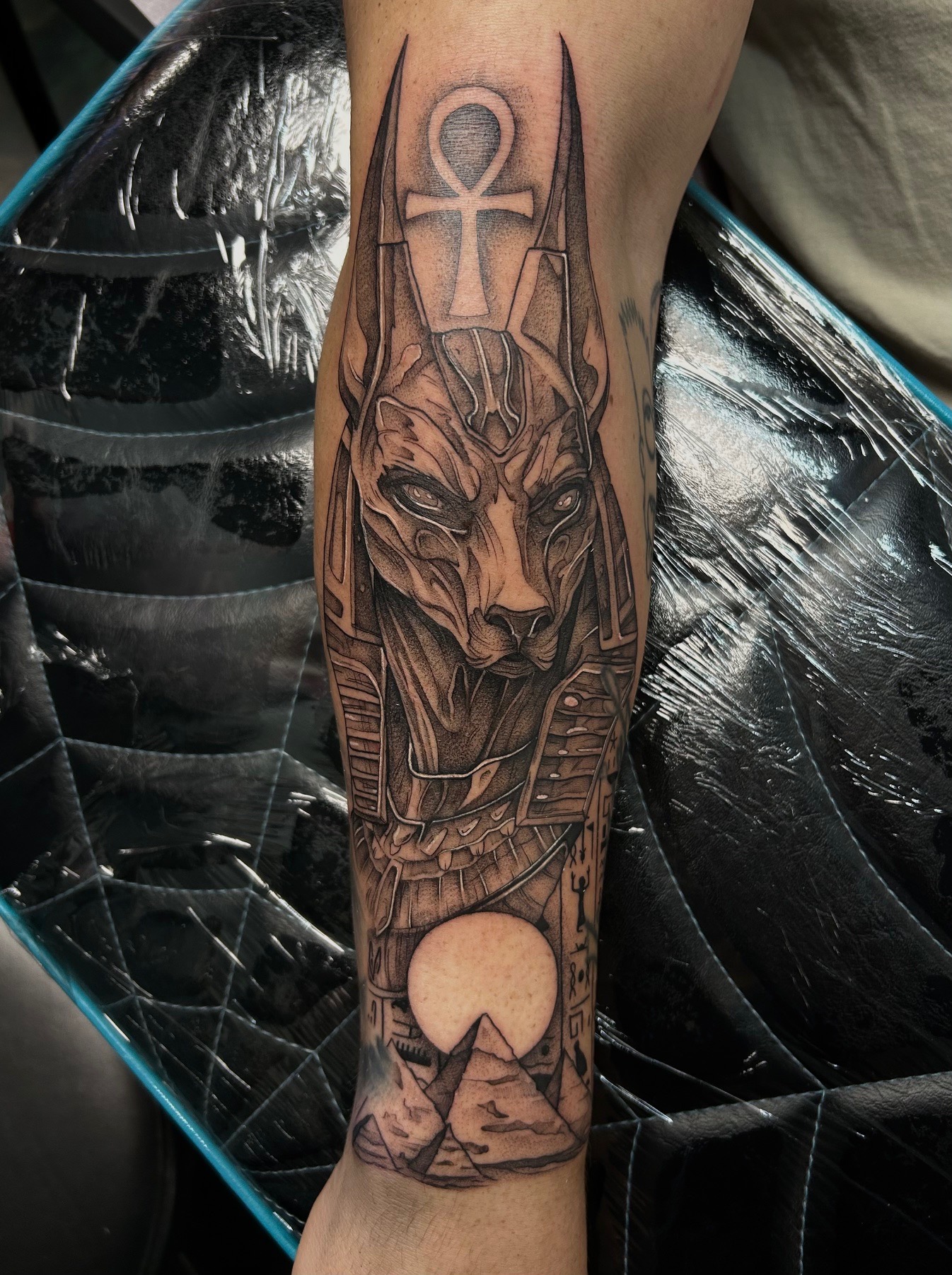 Fine line tattoo of the Egyptian god Anubis.