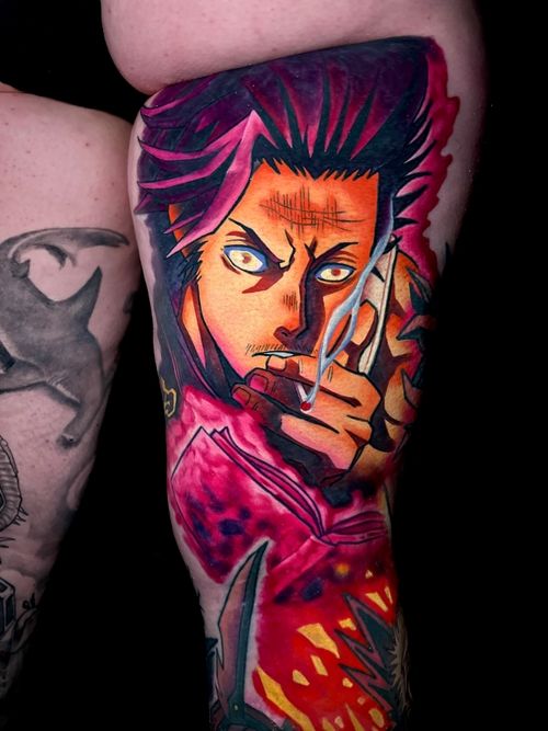 Colorful tattoo anime character holding a cigarette and an open book with fiery red and yellow background.