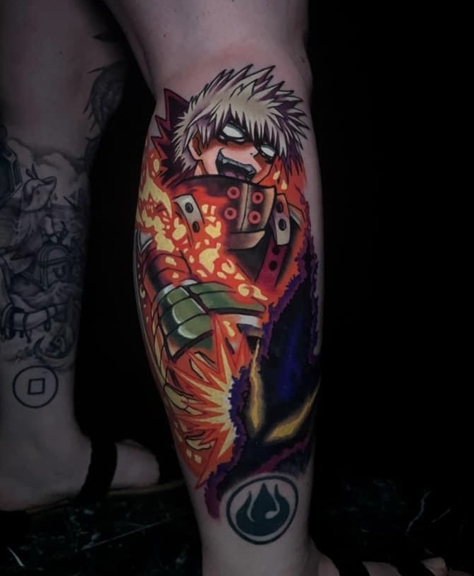 Colorful tattoo of anime character Bakugo.