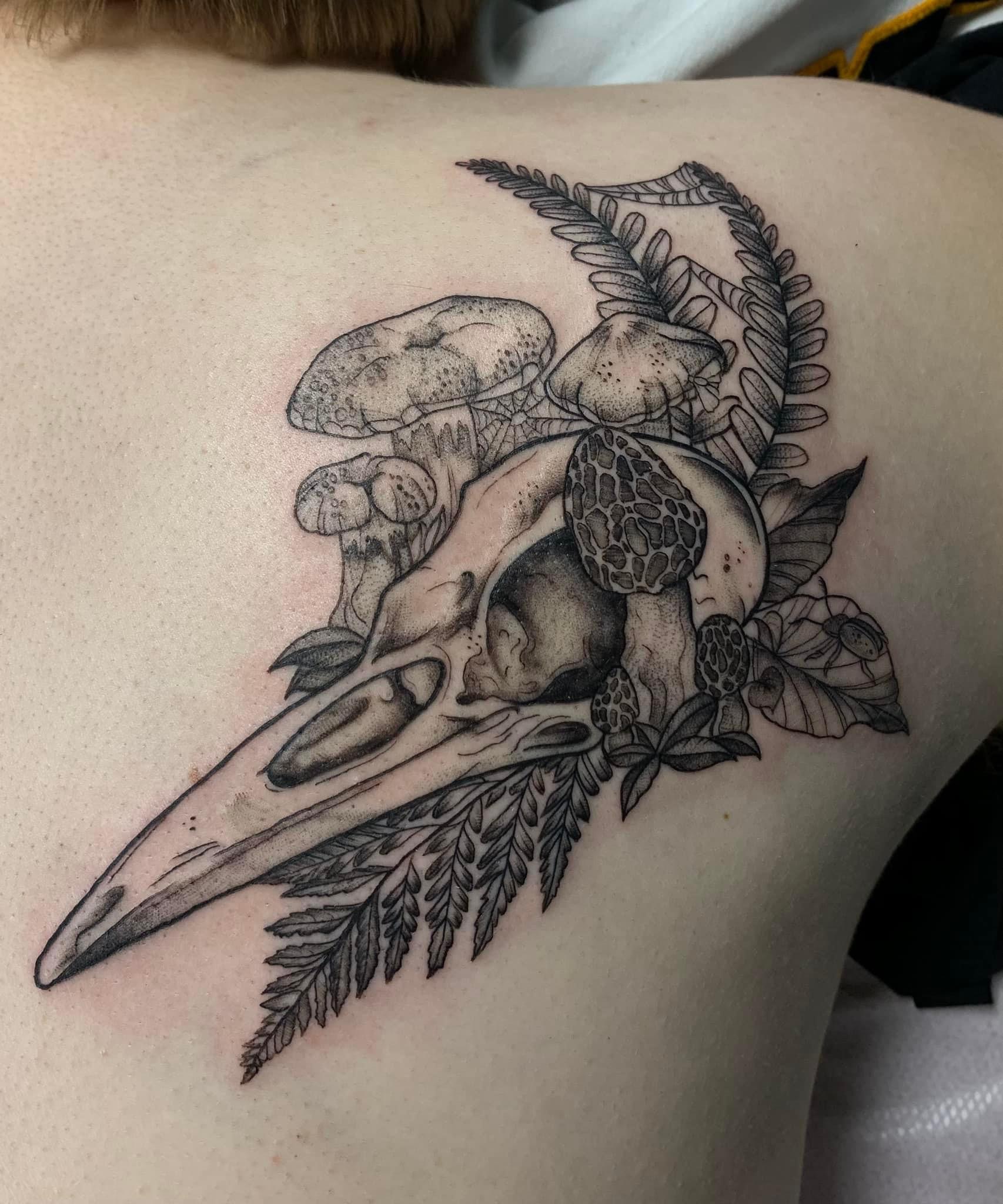 Fine line tattoo of a bird skull surrounded by mushrooms, ferns, leaves, and spider webs on skin.