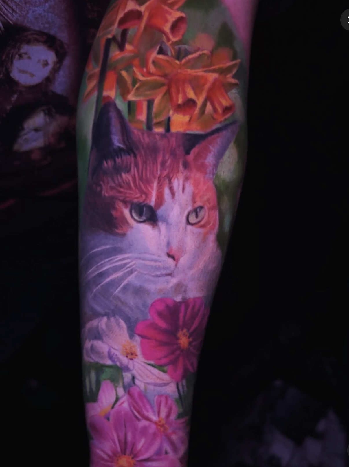 Colorful tattoo of a cat portrait pet surrounded by orange and pink flowers.