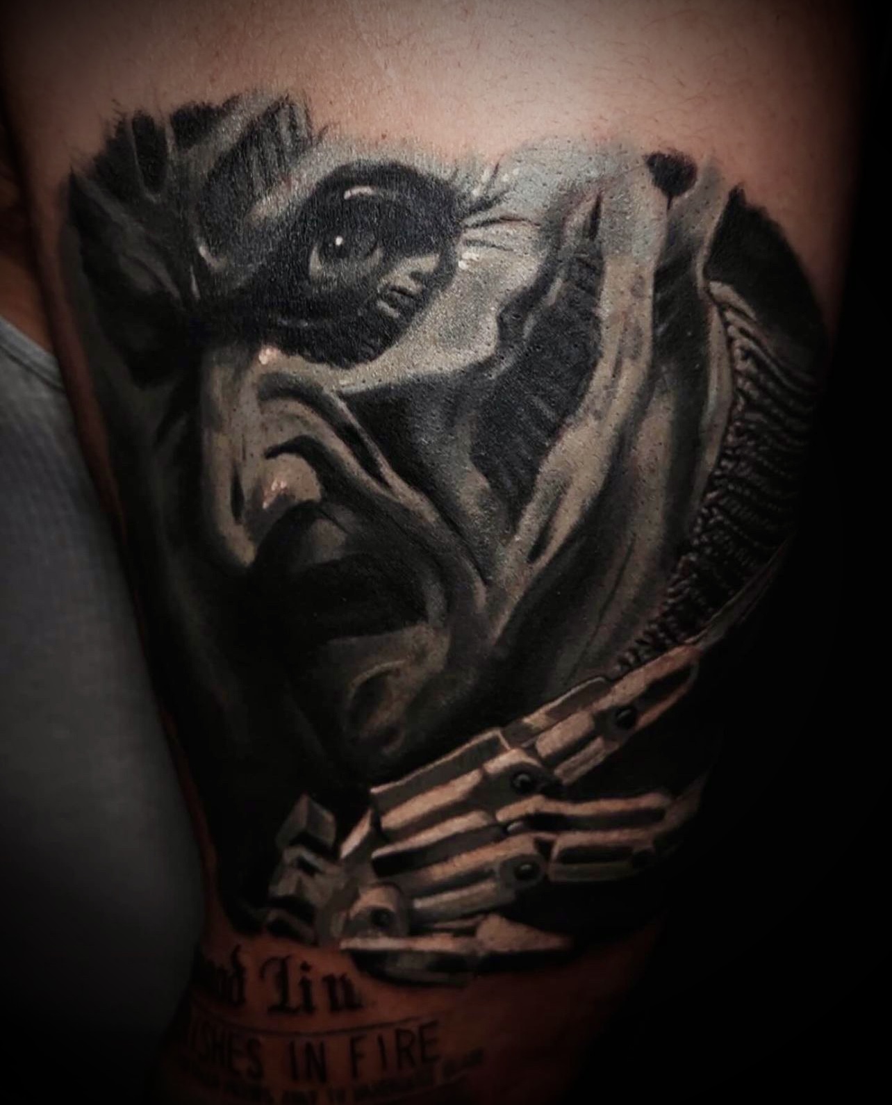 Black and grey portrait tattoo of Freddy Krueger from Nightmare on Elm Street.