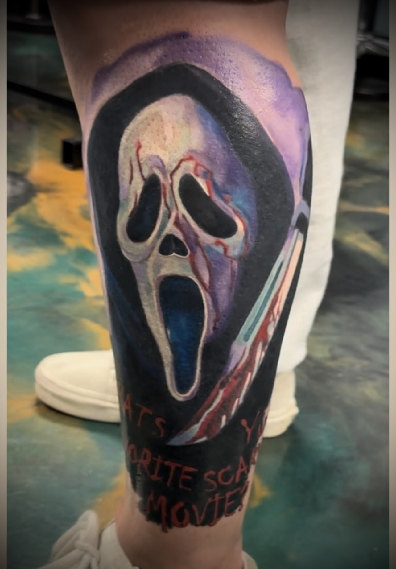 Color portrait of Ghostface mask from the Scream movies.