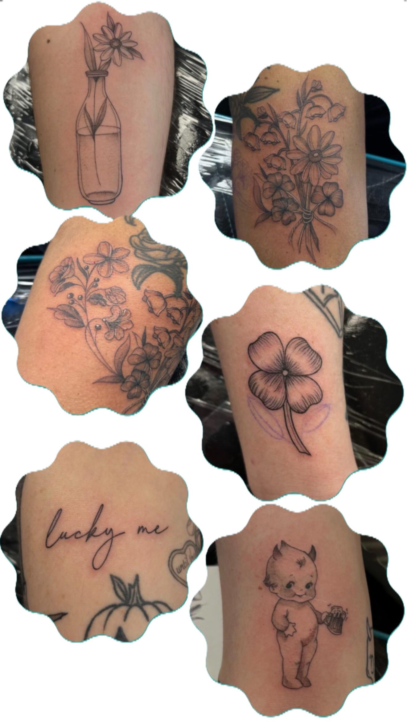 Collage of six fine line Friday the 13th tattoos