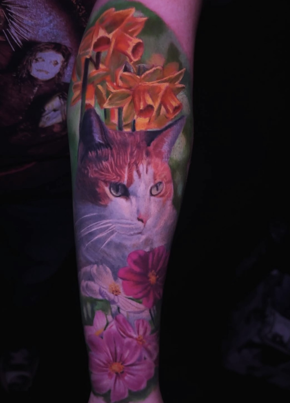 Forearm tattoo of color realism cat portrait