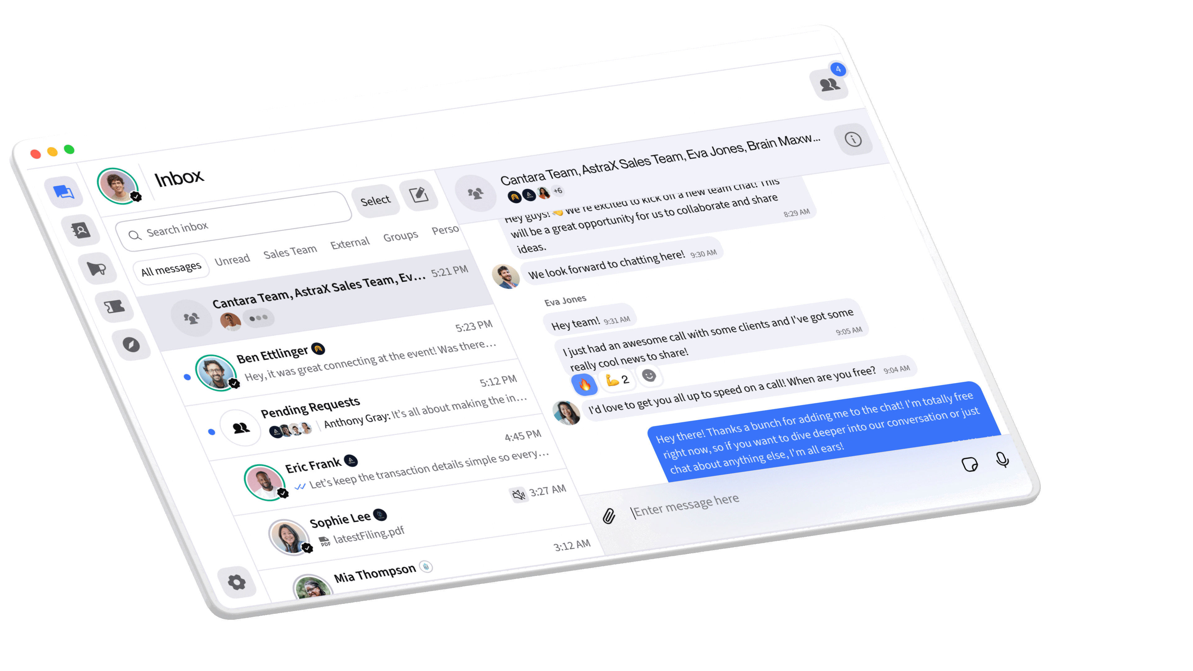 A desktop interface of the Bridge institutional messaging platform showing an inbox with verified contacts, group chats, unread messages, file attachments, and a message thread on the right side. The left panel displays navigation icons, while the center panel lists conversations. The right panel shows a multi-participant chat with timestamps, reactions, and a message composer at the bottom.