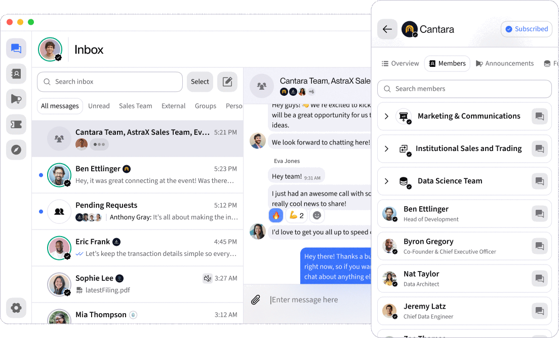 A side-by-side view of the Bridge messaging platform on desktop and mobile. The desktop screen shows the inbox with verified contacts, group chats, unread indicators, and an active conversation. The mobile screen displays a company profile with team categories and verified member listings. The image highlights Bridge’s cross-device interface for institutional messaging.