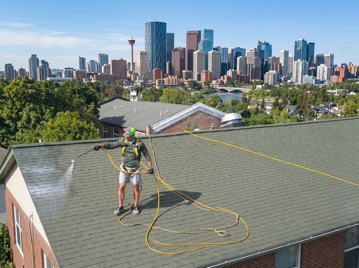 Roof preservation treatment being applied to asphalt shingles