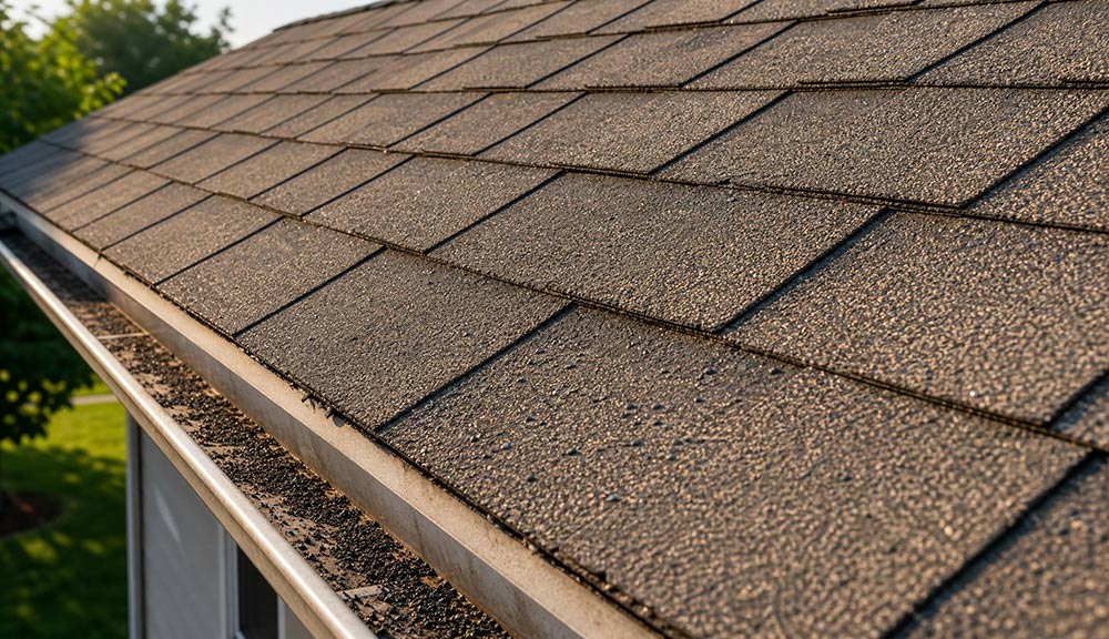 Close-up of aging asphalt shingles showing fading, dryness, and early granule loss