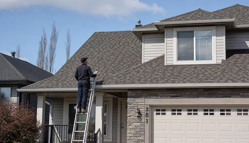 Roofing professional assessing an aging asphalt shingle roof for possible rejuvenation