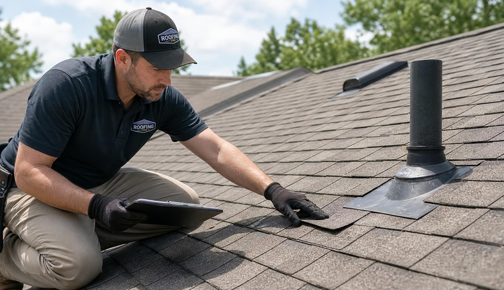 Roofing professional inspecting shingles and flashing before recommending roof rejuvenation