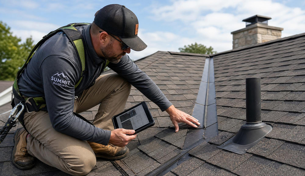 Roofing professional inspecting asphalt shingles and flashing before recommending treatment