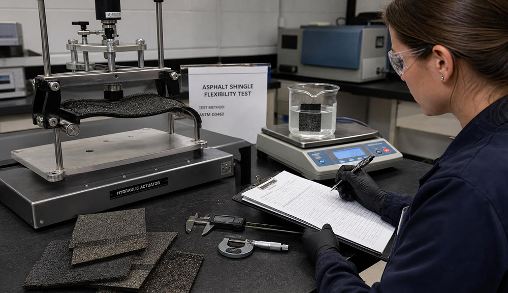 Technician conducting controlled testing on asphalt shingle samples