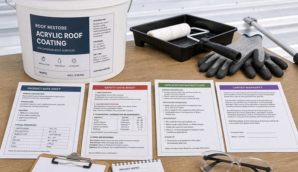 Roof treatment product shown with safety information and technical documentation