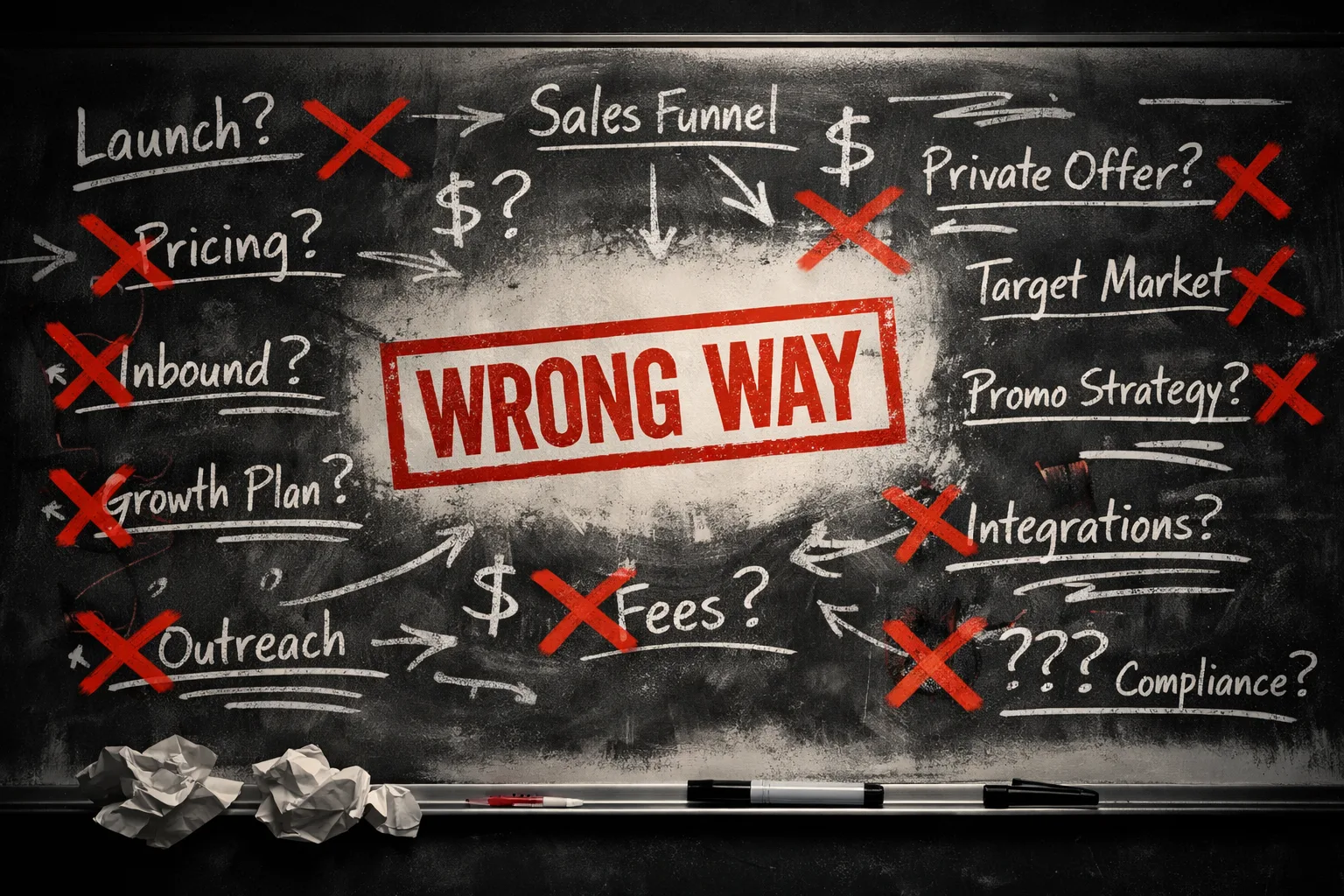 Chalkboard showing crossed-out AWS Marketplace startup decisions with a Wrong Way stamp in the center
