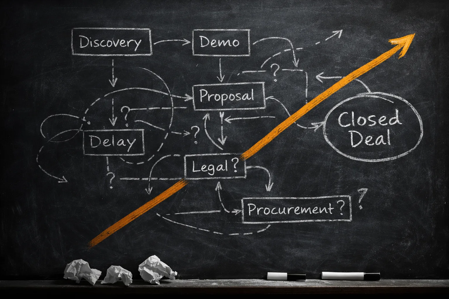 Chalkboard GTM sales funnel with chaotic stages crossed out and a single bold orange arrow cutting straight to Closed Deal