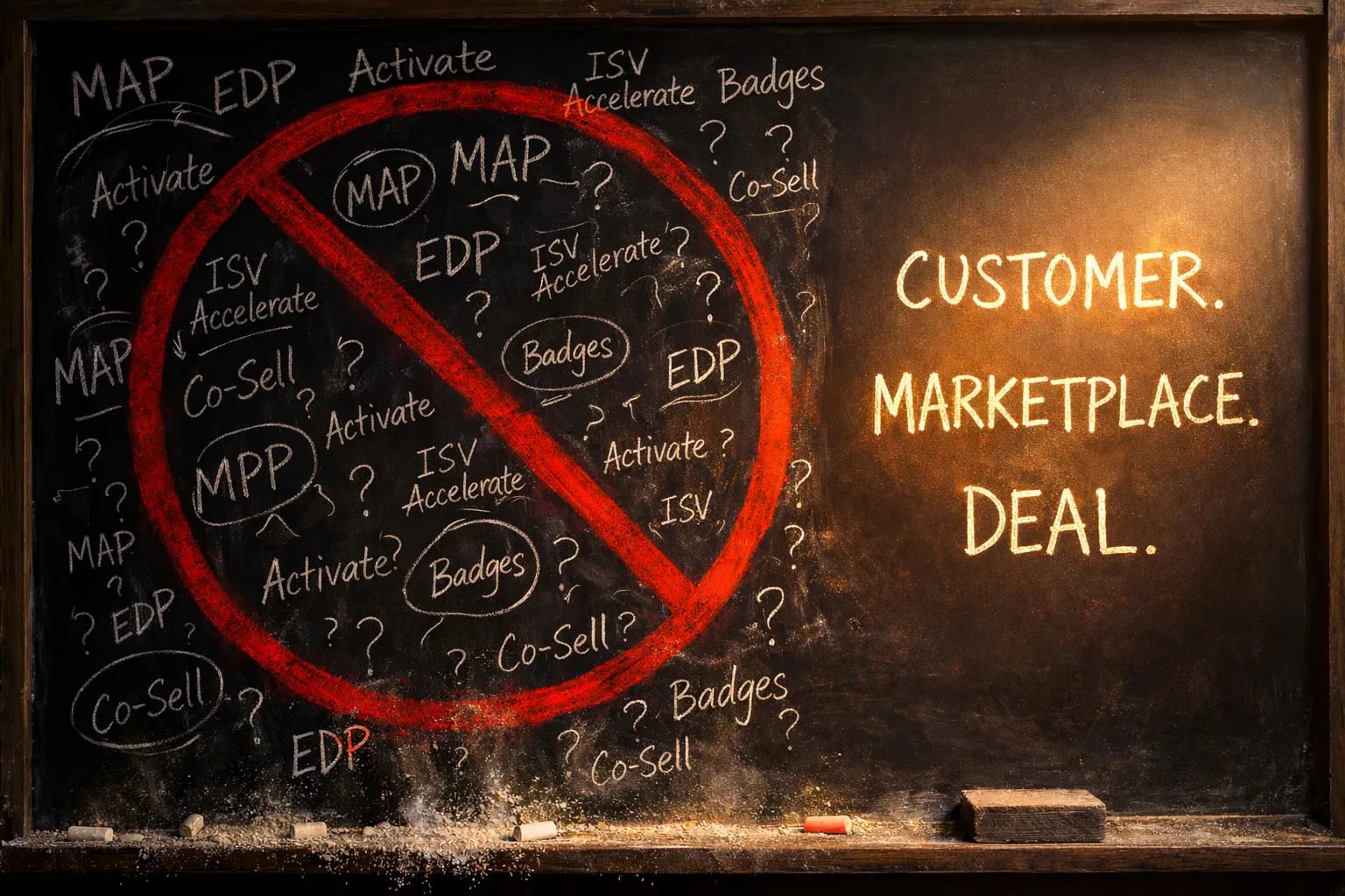 Chalkboard showing AWS programs crossed out with a prohibition symbol next to the words Customer, Marketplace, Deal — representing what early-stage SaaS startups should actually focus on