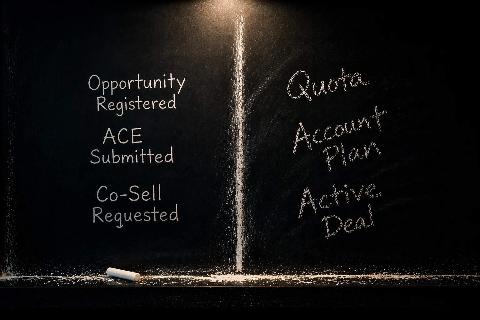 Chalkboard split into two sides showing founder co-sell actions and AWS seller priorities with no connection between them
