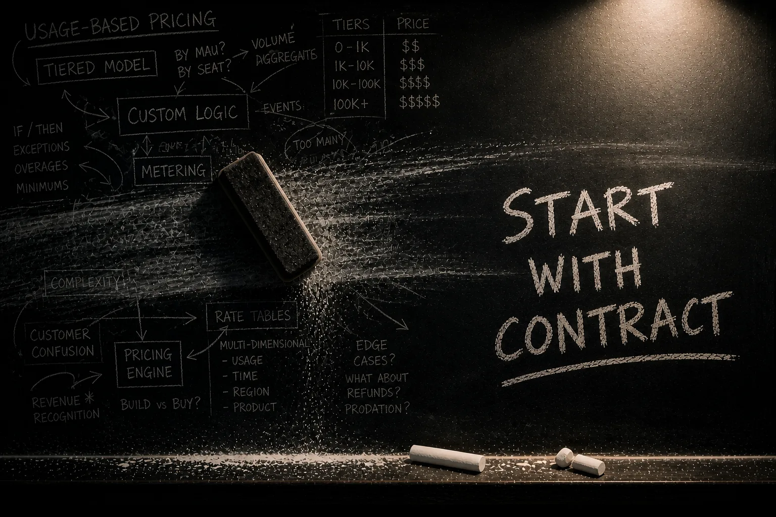 Chalkboard covered in chaotic pricing notes — usage-based models, tiered structures, custom logic, rate tables — with an eraser wiping it all away, leaving a clean spotlight on the words "Start With Contract" written in chalk on the right side.