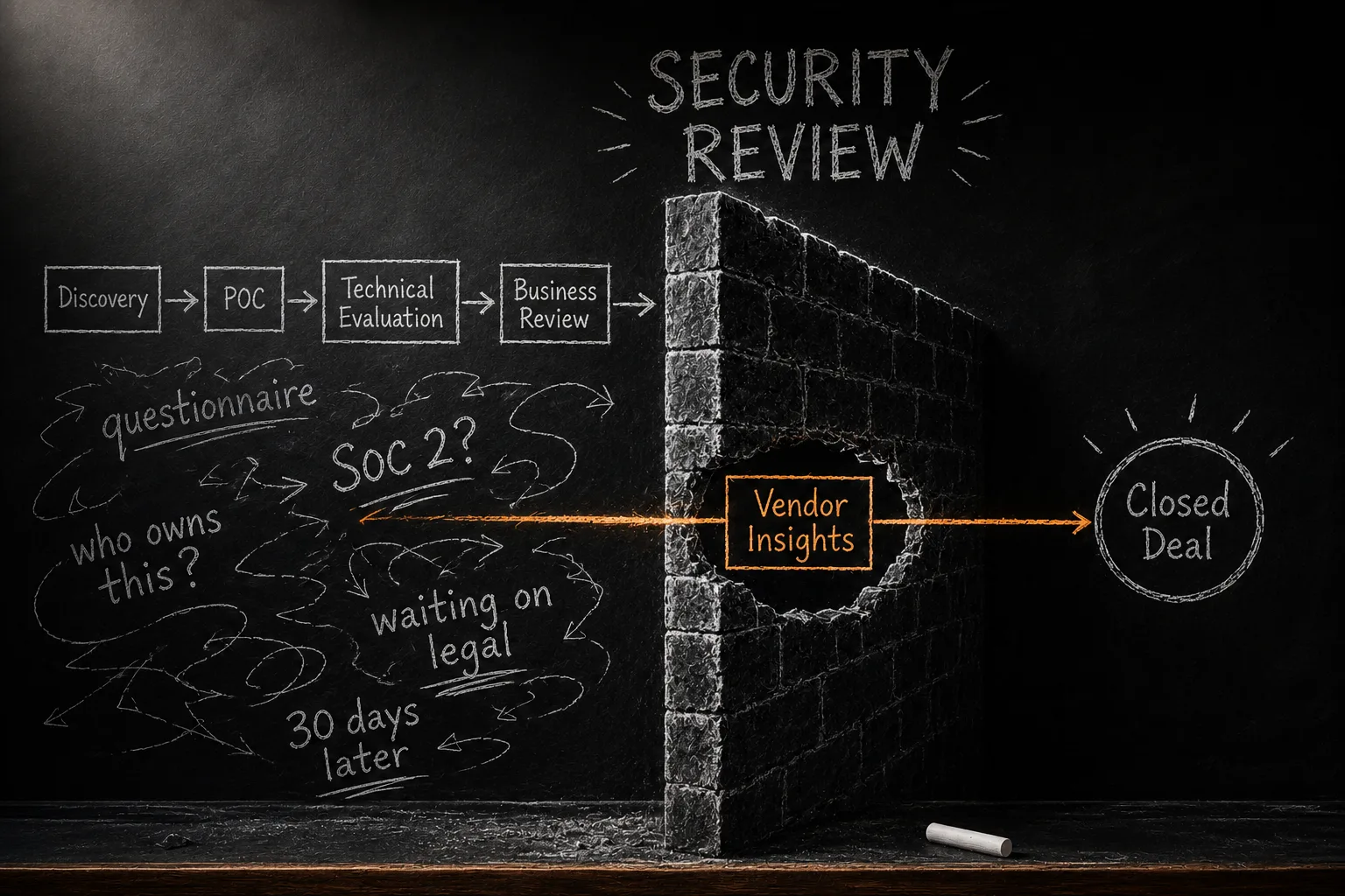 Chalkboard illustration showing an enterprise sales pipeline blocked by a large security review barrier, with AWS Vendor Insights creating a path through procurement friction toward a closed SaaS deal.
