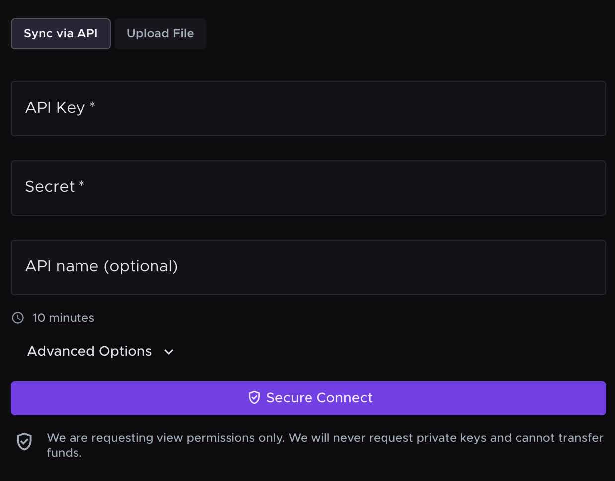 A screenshot of the API connection screen on Summ. You can use this to connect and exchange or wallet via an API. This ensures Summ receives new transactions any time you sync your account.
