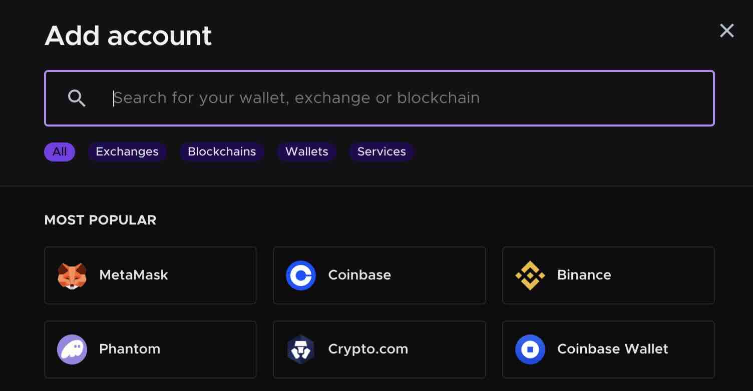 A screenshot of the Add account interface on Summ. This is where you add other crypto accounts that we support. Such as exchanges, wallets or DeFi protocols.
